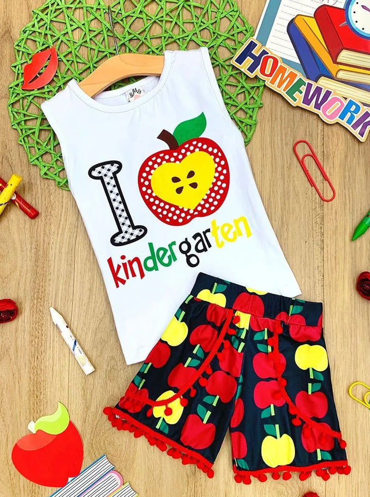 First Day of School | Kindergarten Pom Pom Short Set | Mia Belle Girls