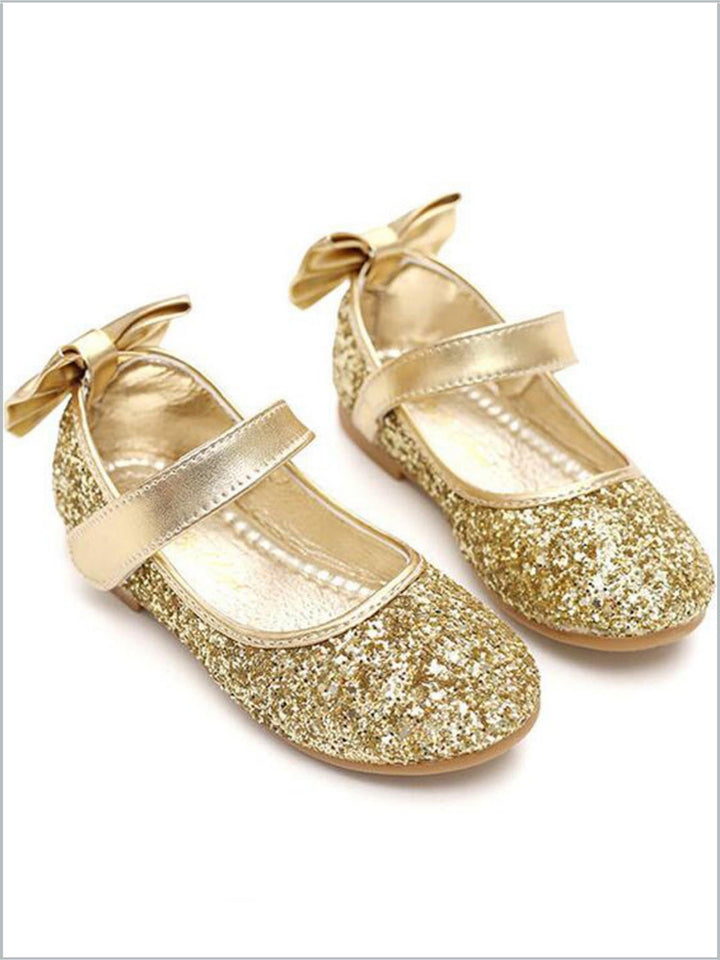 Girls Gold Shimmery Fairy Glitter Bow Tie Mary Jane Flats By Liv and Mia