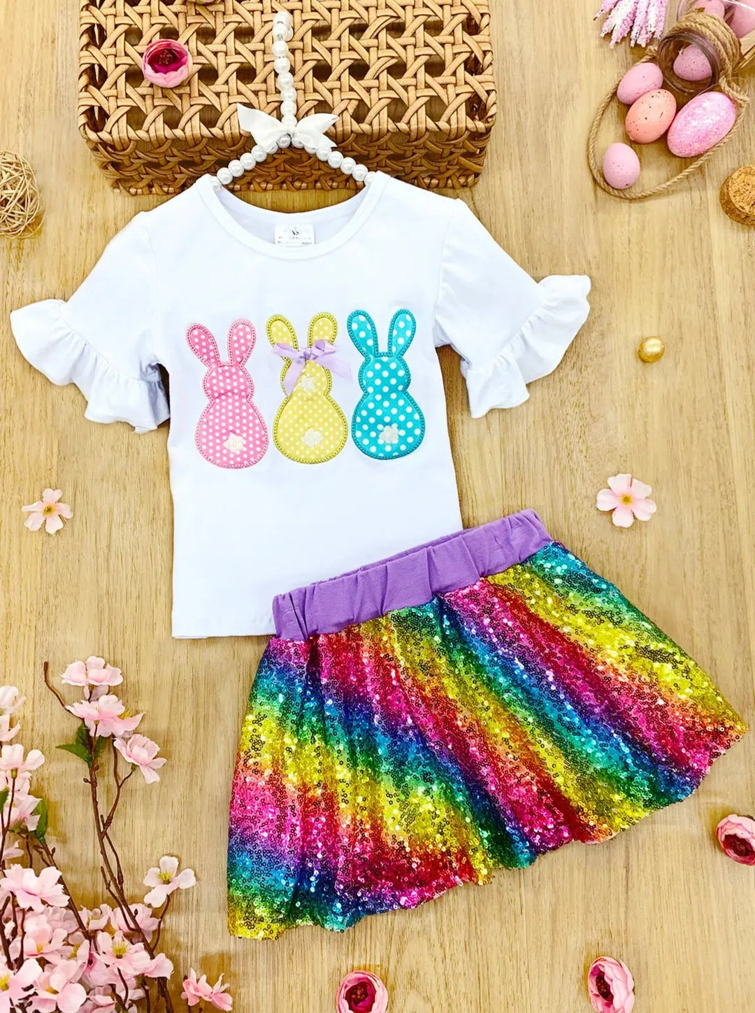 Set features a ruffled sleeve top with three polka dot bunnies and a rainbow sequin skirt 
