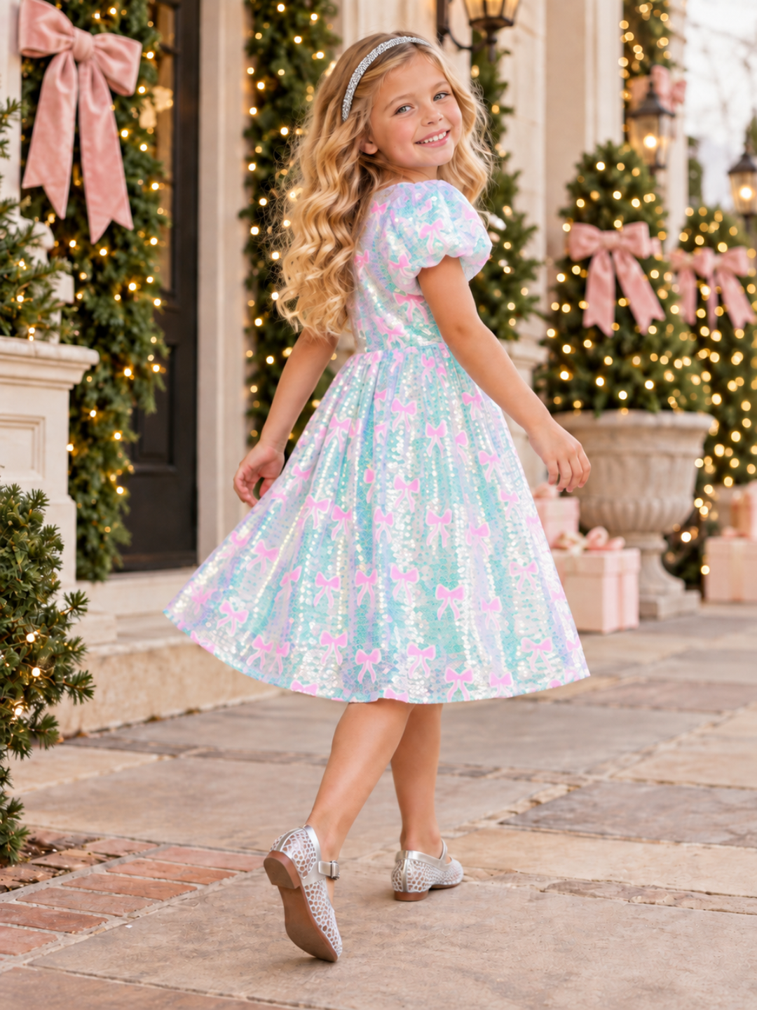 Holiday Sparkle Pink Bow Sequin Dress