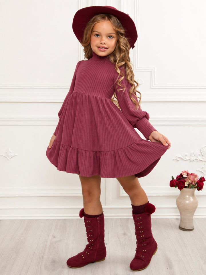 Snuggle & Twirl Burgundy Ribbed Mockneck Dress