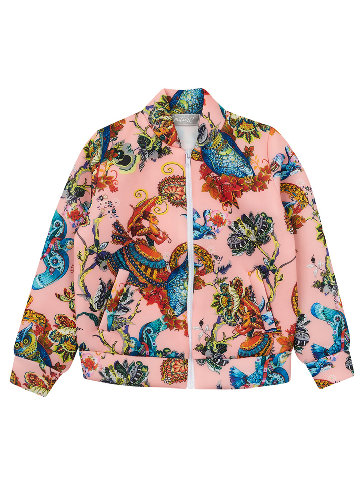 Botanical Owl Coral Neoprene Bomber Jacket by Kids Couture Mia Belle Girls