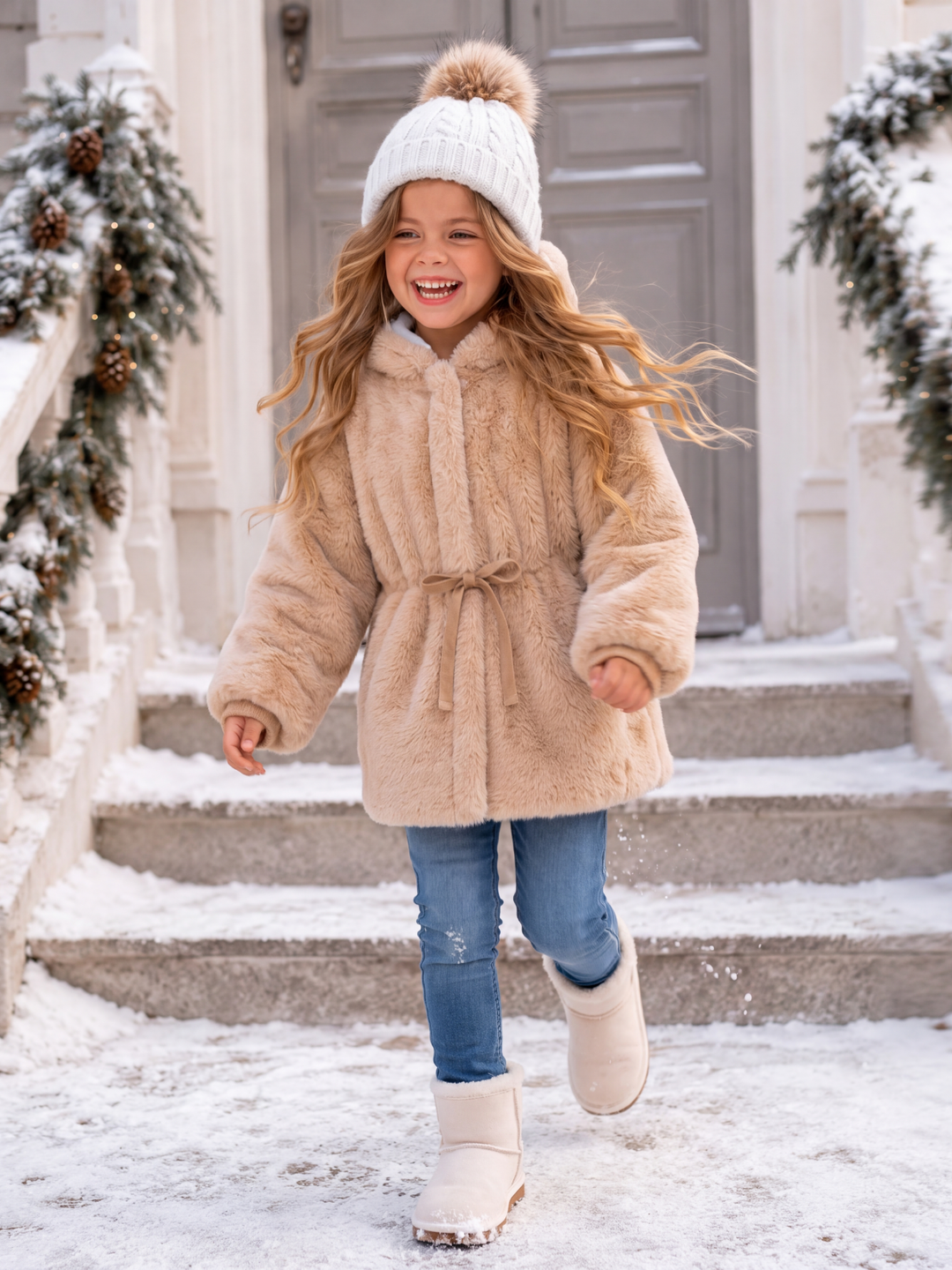 Girls Mink Fur Hooded Coats