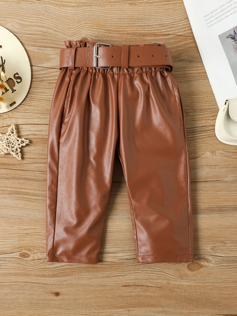 Mia Belle Girls Puff Sleeve Top & Vegan Leather Pants Set