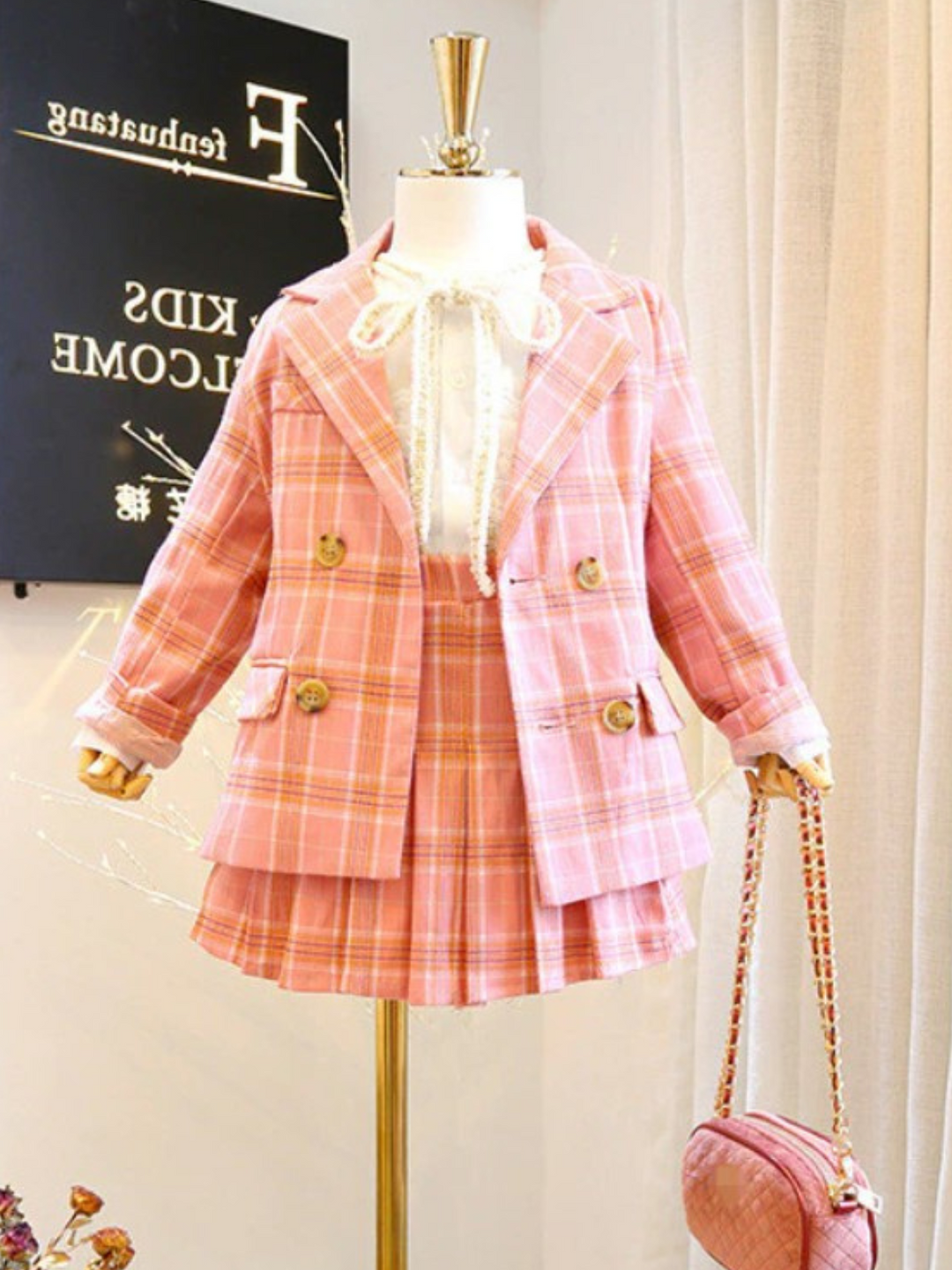 Not-So-Clueless Pink Plaid Blazer and Pleated Skirt Set Mia Belle Girls