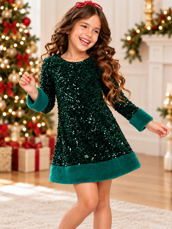 Emerald Green Sequin Faux Fur Trim Shift Dress
