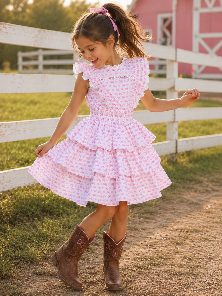 Girly Bow Smocked Ruffle Tiered Dress