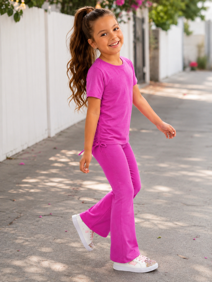 Everyday Stretch Pink Side-Ruched Tee & Flare Pant Set
