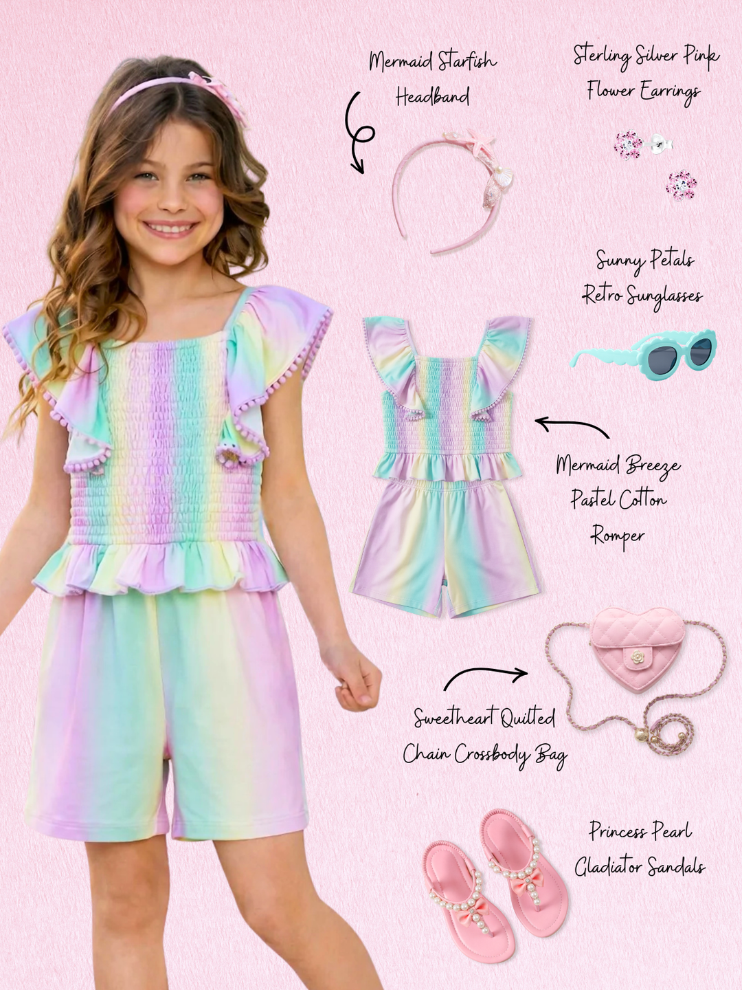 Mermaid Breeze Pastel Cotton Romper Complete Look 6-Piece Set Mia Belle Girls