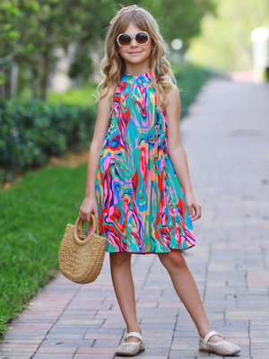 Color Swirl Halter Swing Dress
