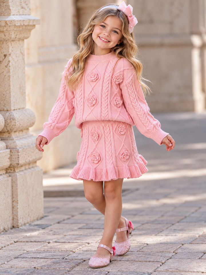 Rosette Matching Cable Knit Sweater and Skirt Set