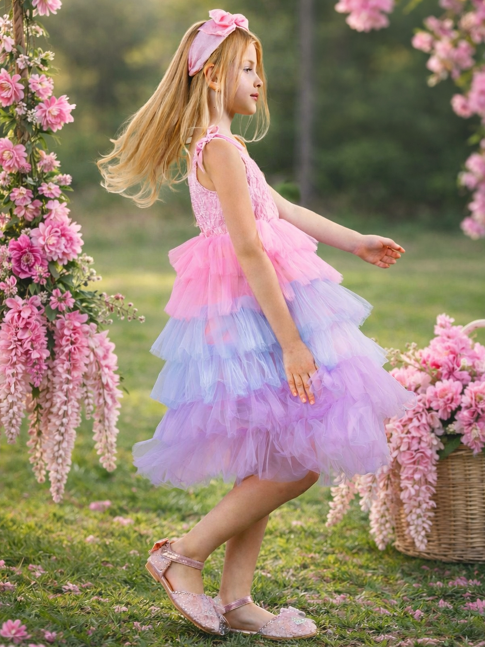Pink and purple ruffle tulle party dress for girls