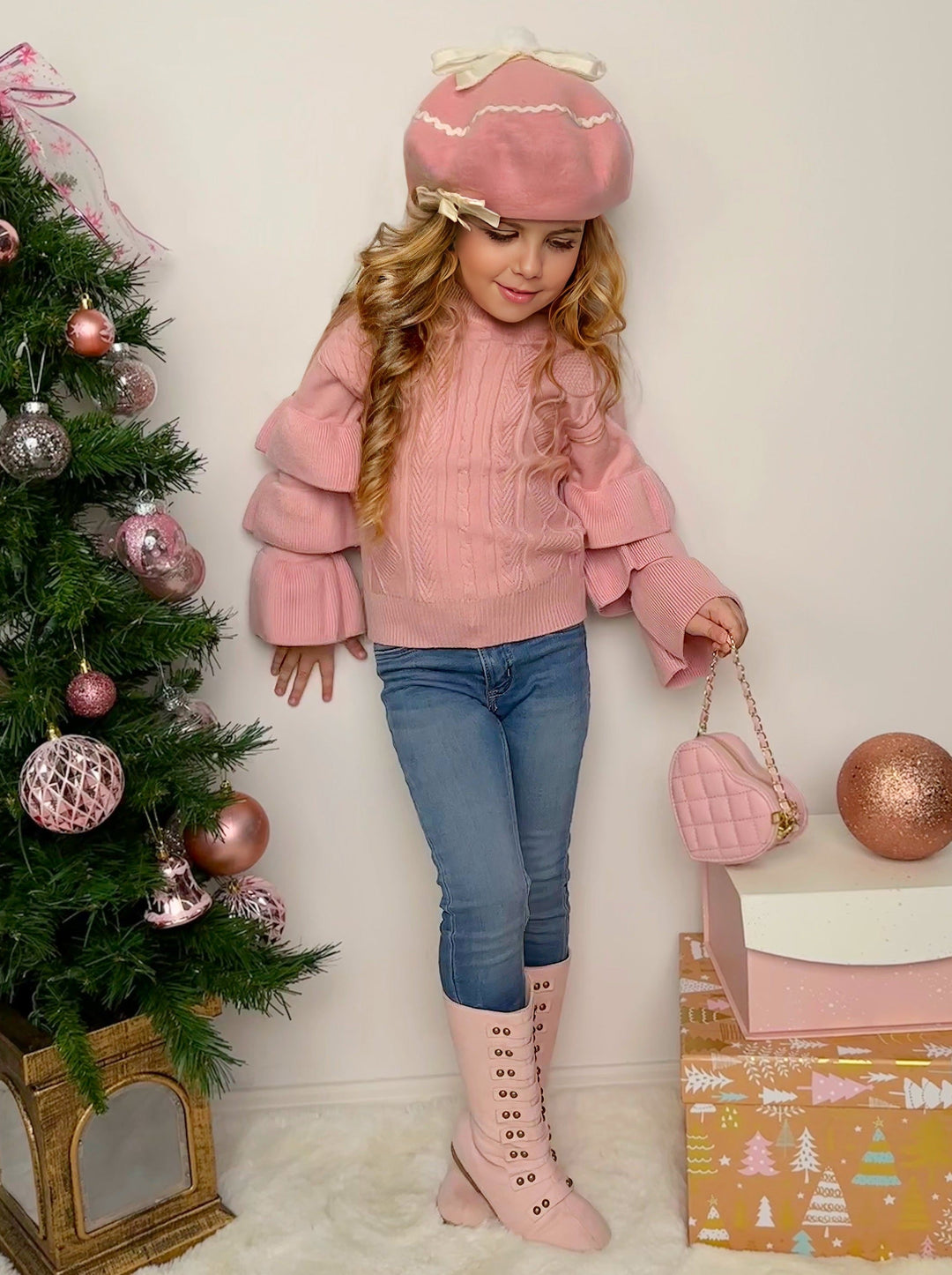 Cute Fall Sweaters | Girls Pink Three Tiered Sleeve Cable Knit Sweater