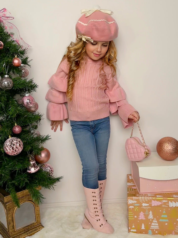 Cute Fall Sweaters | Girls Pink Three Tiered Sleeve Cable Knit Sweater
