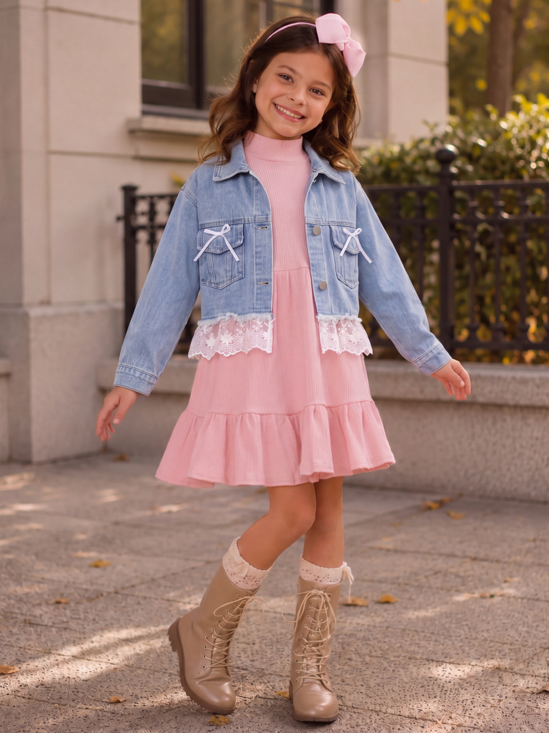 Bow & Bloom Blue Lace Trim Denim Jacket