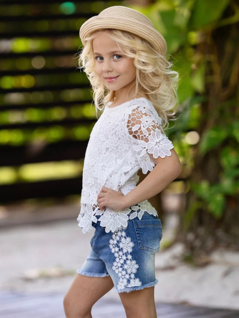 Lovely In Lace White Top and Denim Short Set Mia Belle Girls
