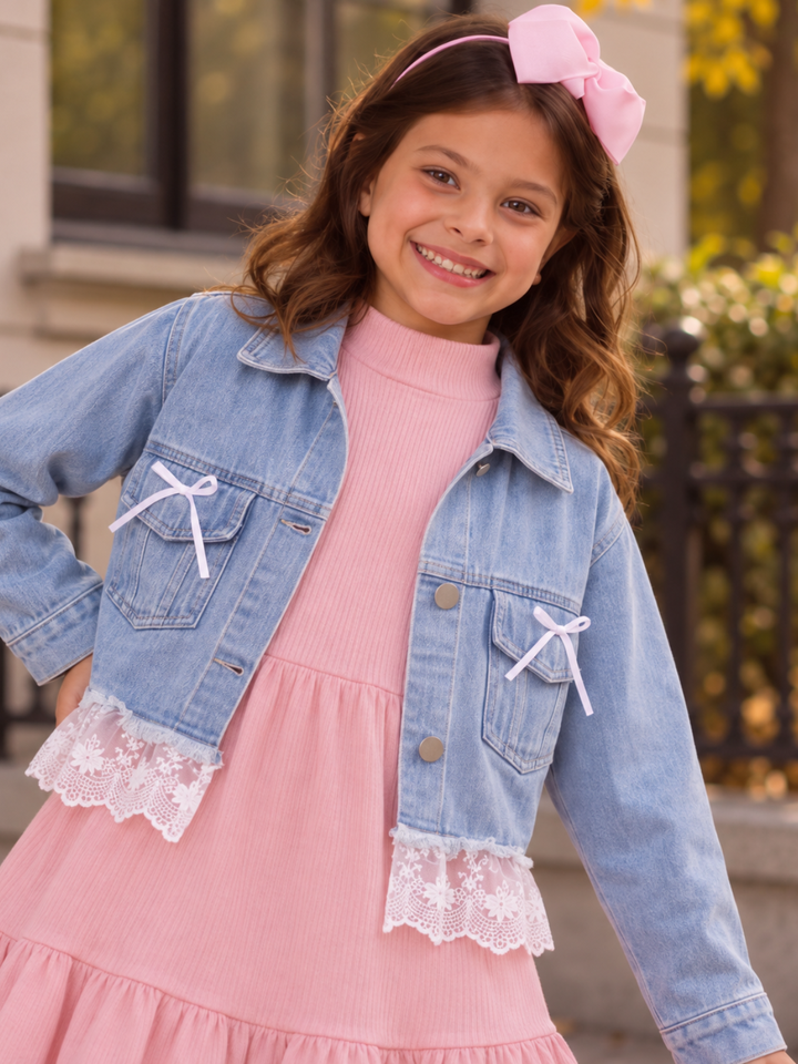 Bow & Bloom Blue Lace Trim Denim Jacket