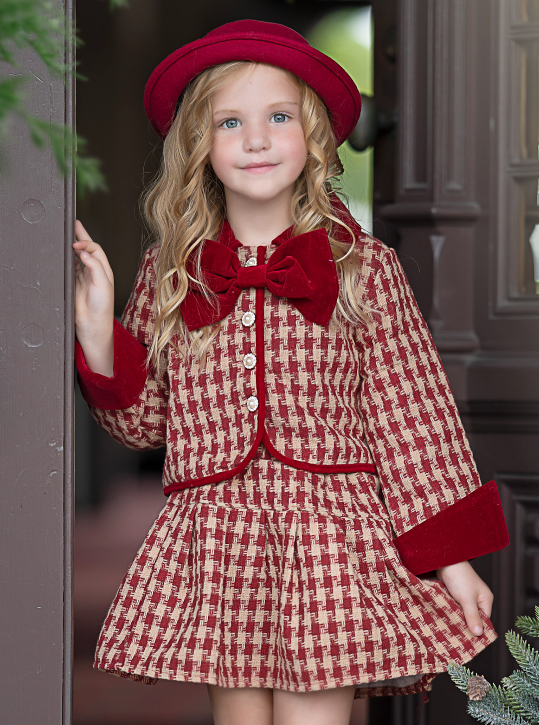 Adorable Red Velvet and Plaid Jacket and Skirt Set Mia Belle Girls