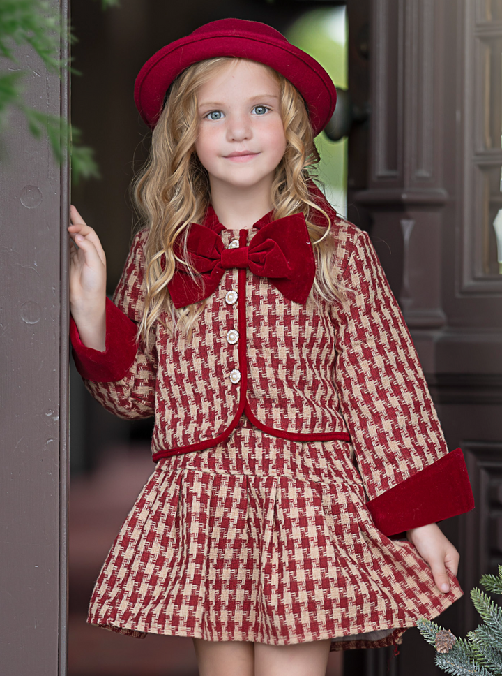Adorable Red Velvet and Plaid Jacket and Skirt Set Mia Belle Girls