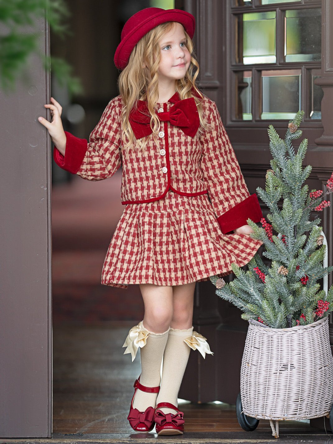 Adorable Red Velvet and Plaid Jacket and Skirt Set Mia Belle Girls