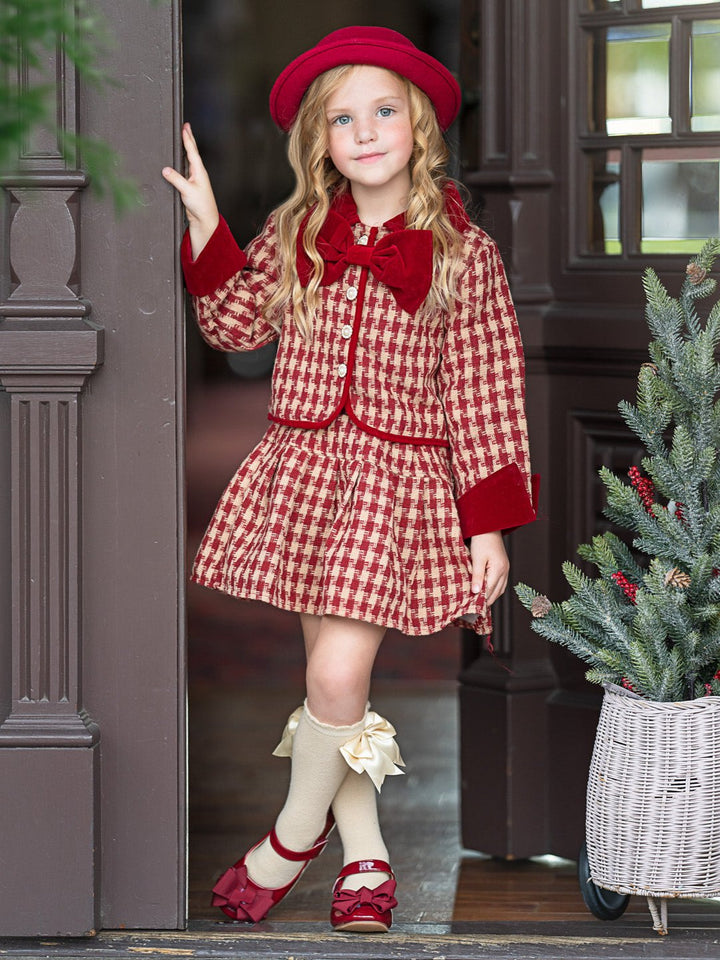 Adorable Red Velvet and Plaid Jacket and Skirt Set Mia Belle Girls
