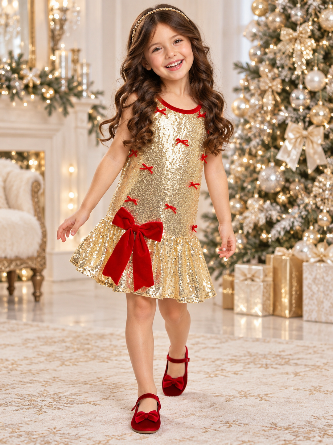 Gold Sequin Bow Christmas Drop Waist Dress