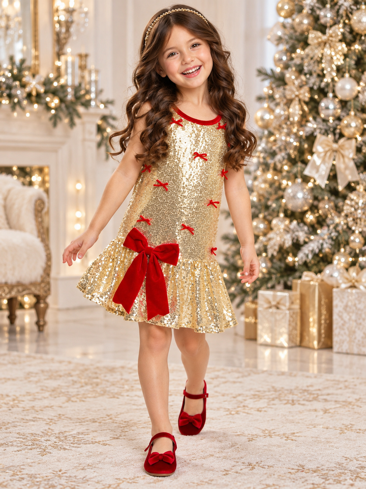 Gold Sequin Bow Christmas Drop Waist Dress