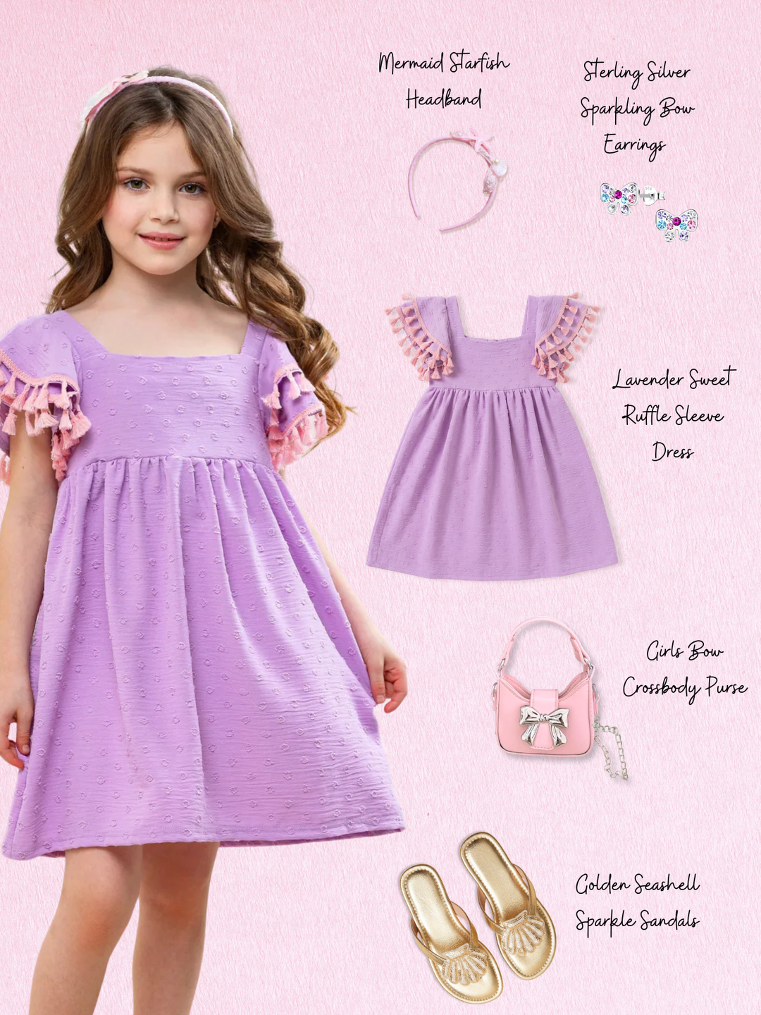 Lavender Sweet Ruffle Sleeve Dress Complete Look 5-Piece Set Mia Belle Girls