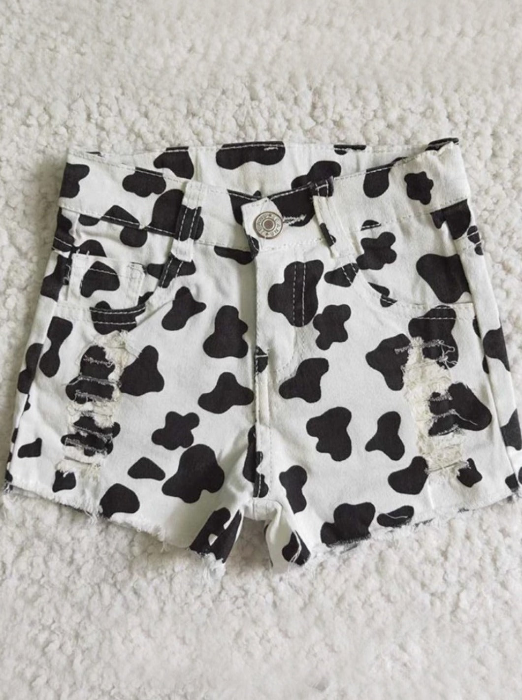 Wild Child Cow Print Distressed Shorts Mia Belle Girls