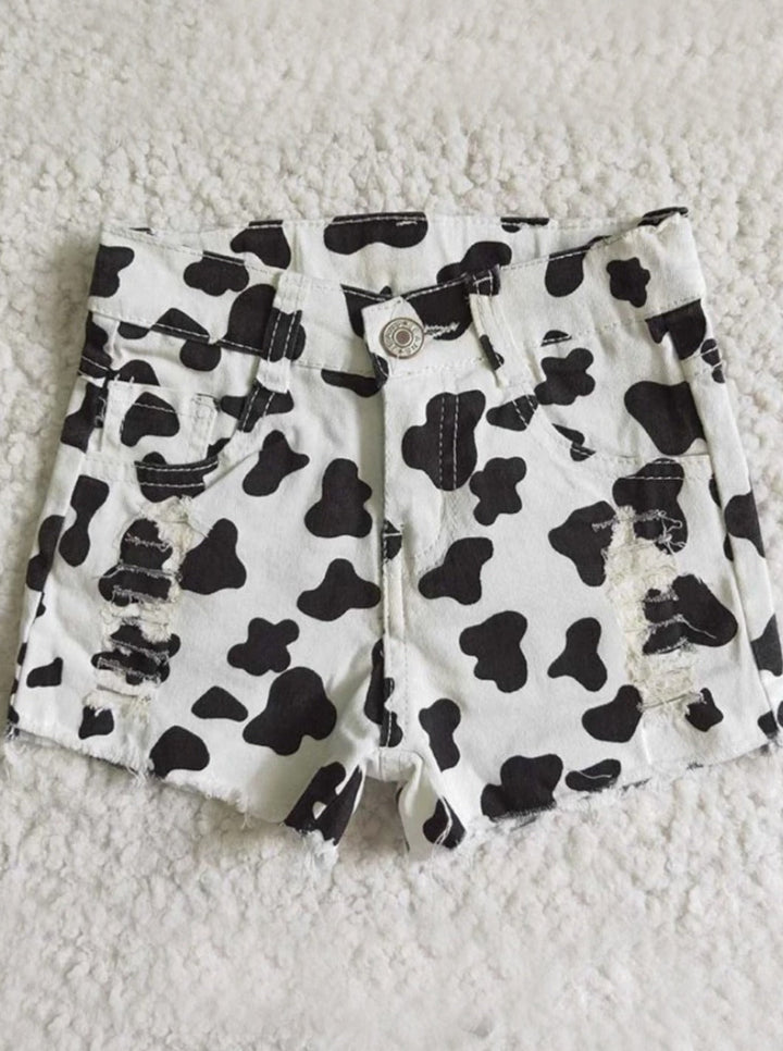 Wild Child Cow Print Distressed Shorts Mia Belle Girls