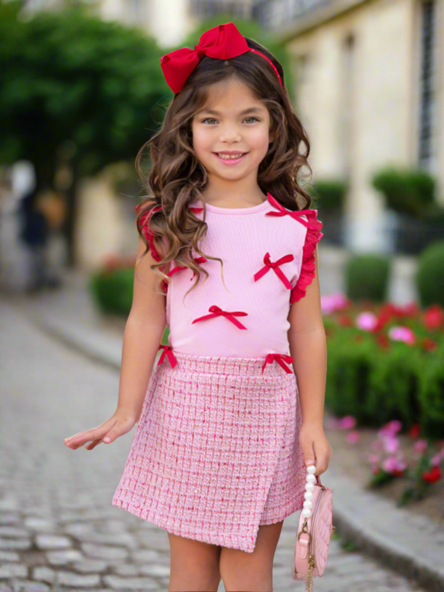 Chic Bows Lace Tank Top and Tweed Skort Set