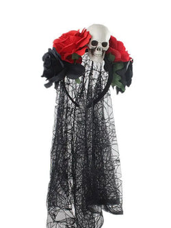 Girls Day of The Dead Rose Skull Black Lace Veil Headband