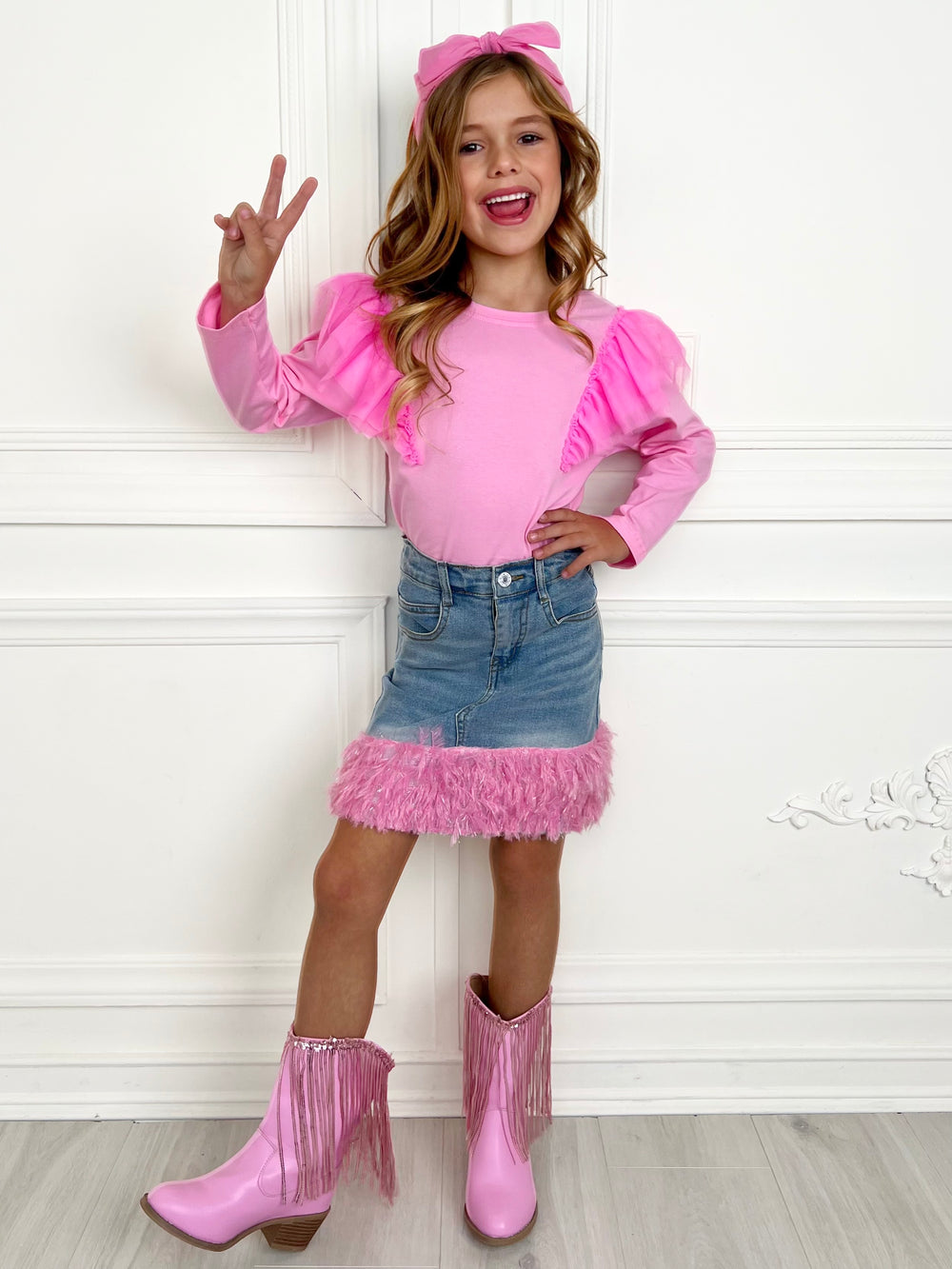 Pink Ruffle Top and Feather Trim Denim Skirt Set Mia Belle Girls