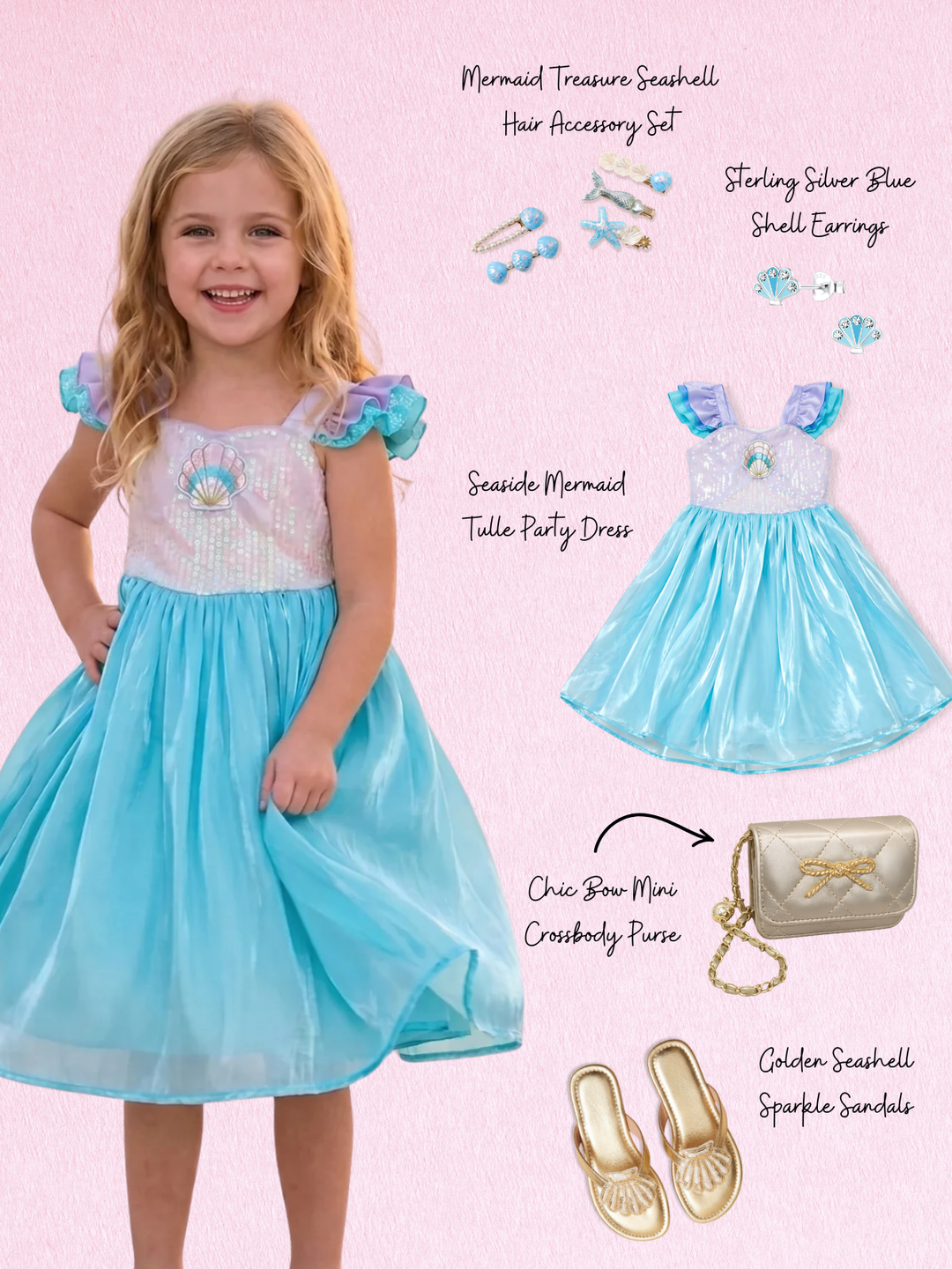 Seaside Mermaid Tulle Party Dress Complete Look 5-Piece Set Mia Belle Girls