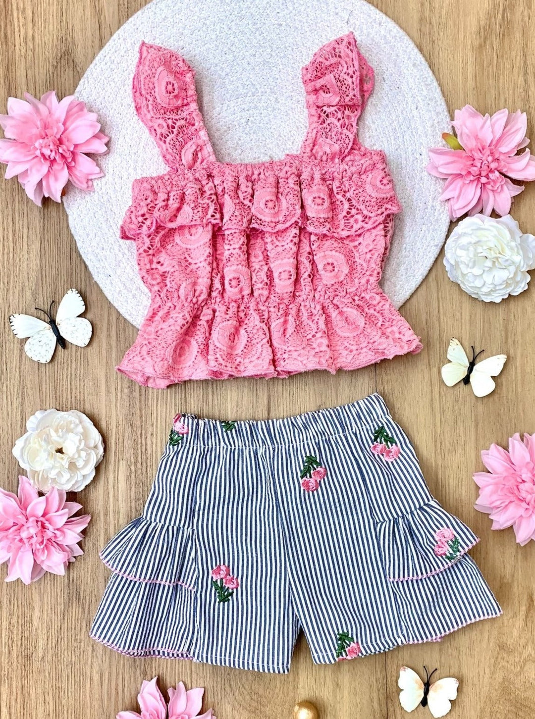 Mia Belle Girls Lace Top and Ruffle Short Set | Girls Spring Outfits