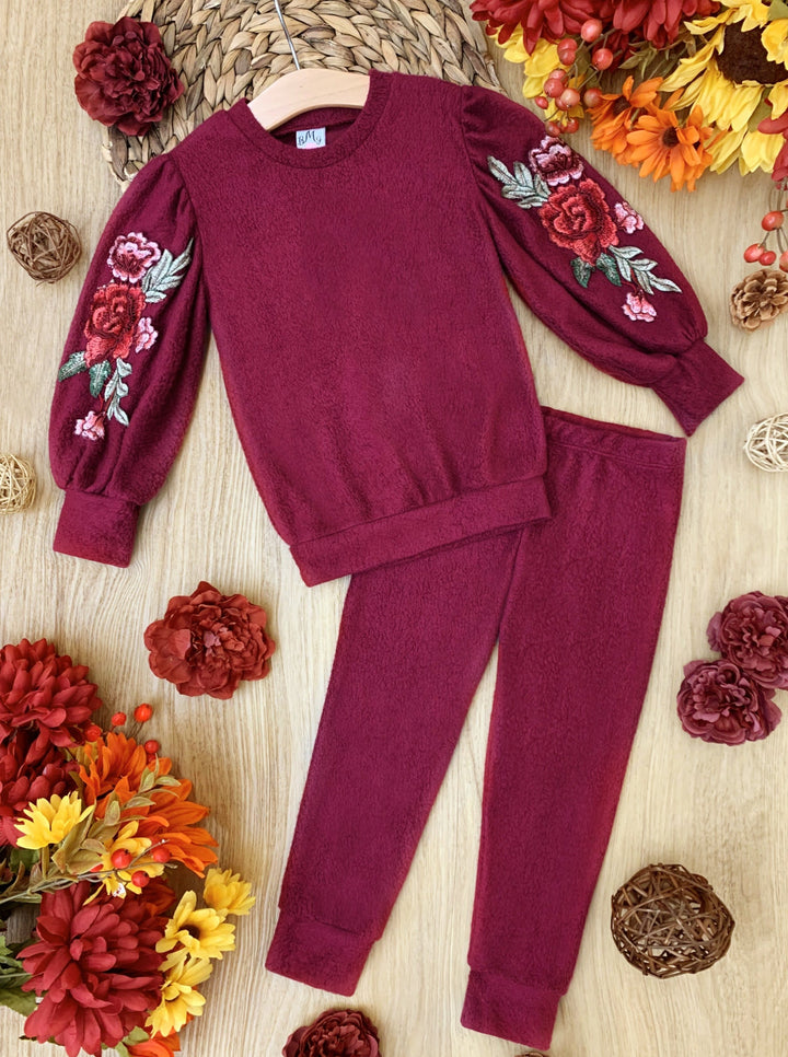 Cute Winter Sets | Girls Floral Embroidered Puff Sleeve Jogger Set
