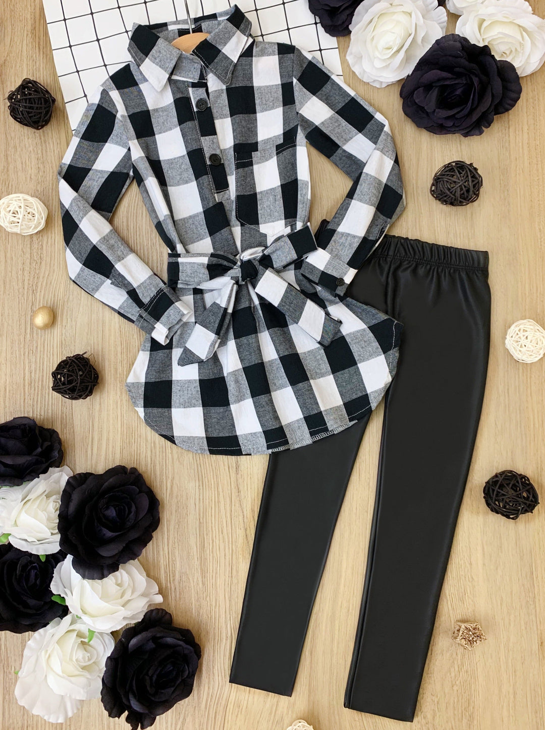 Girls Let's Play Checkers Plaid Belted Shirt with Legging Set