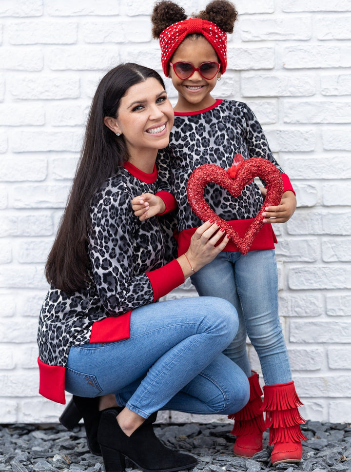 Mommy and Me Matching Tops | Leopard Print Long Sleeve Red Hem Tunic
