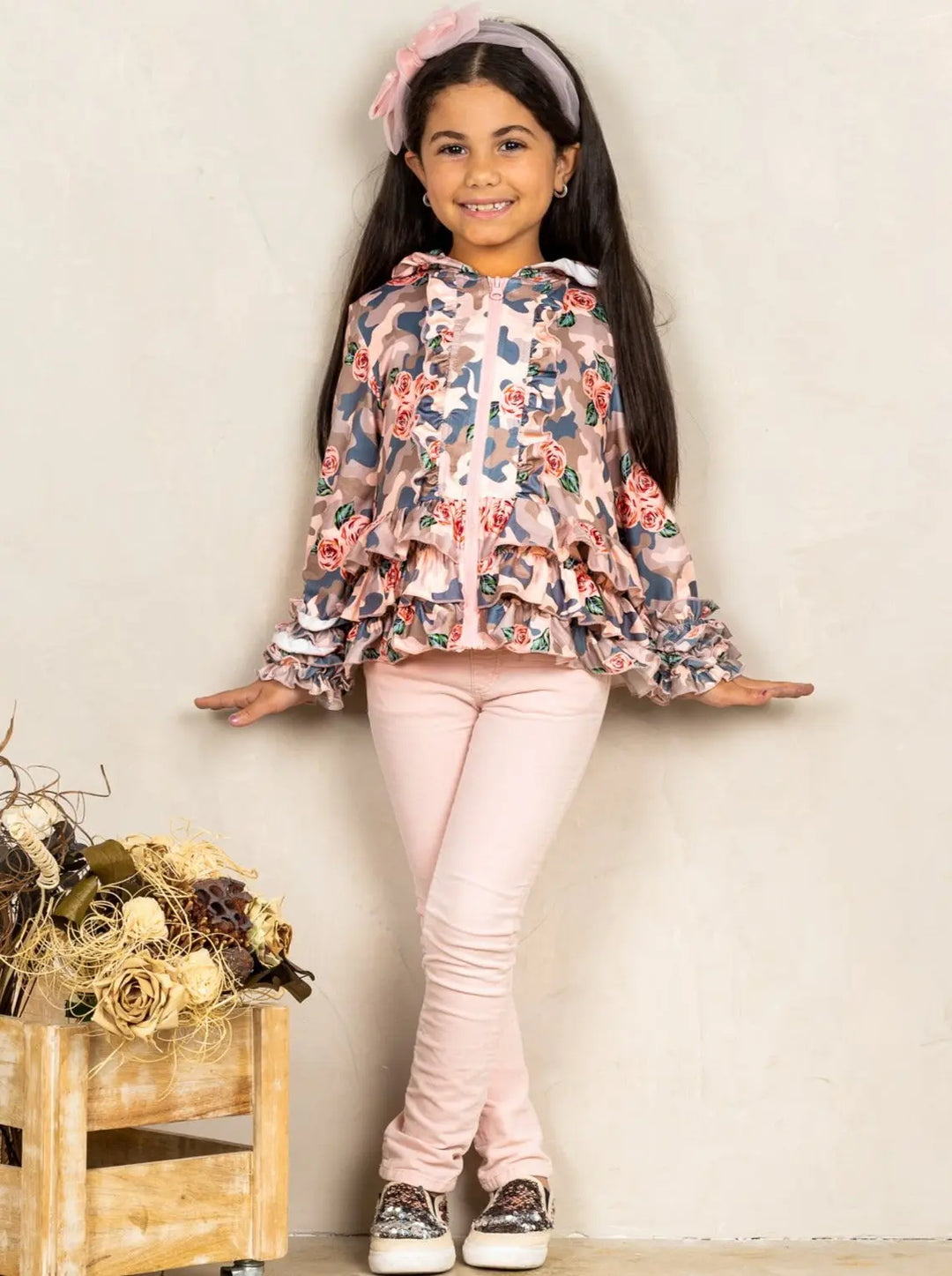 Kids Jackets | Camo Floral Ruffled Hoodie Jacket | Mia Belle Girls