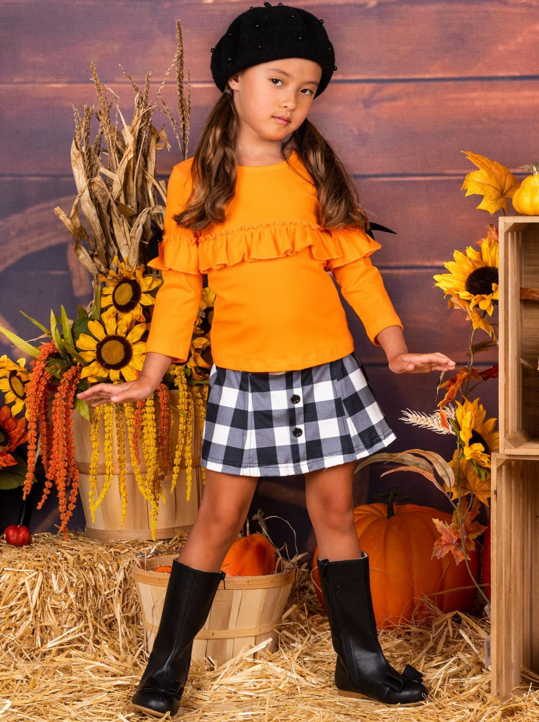 Fall Outfits | Ruffle Top & Plaid Skirt Set | Cute Fall Girls Sets