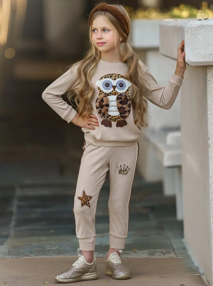 Toddlers Jogger Sets | Plush Owl Applique Sweatshirt and Jogger Set