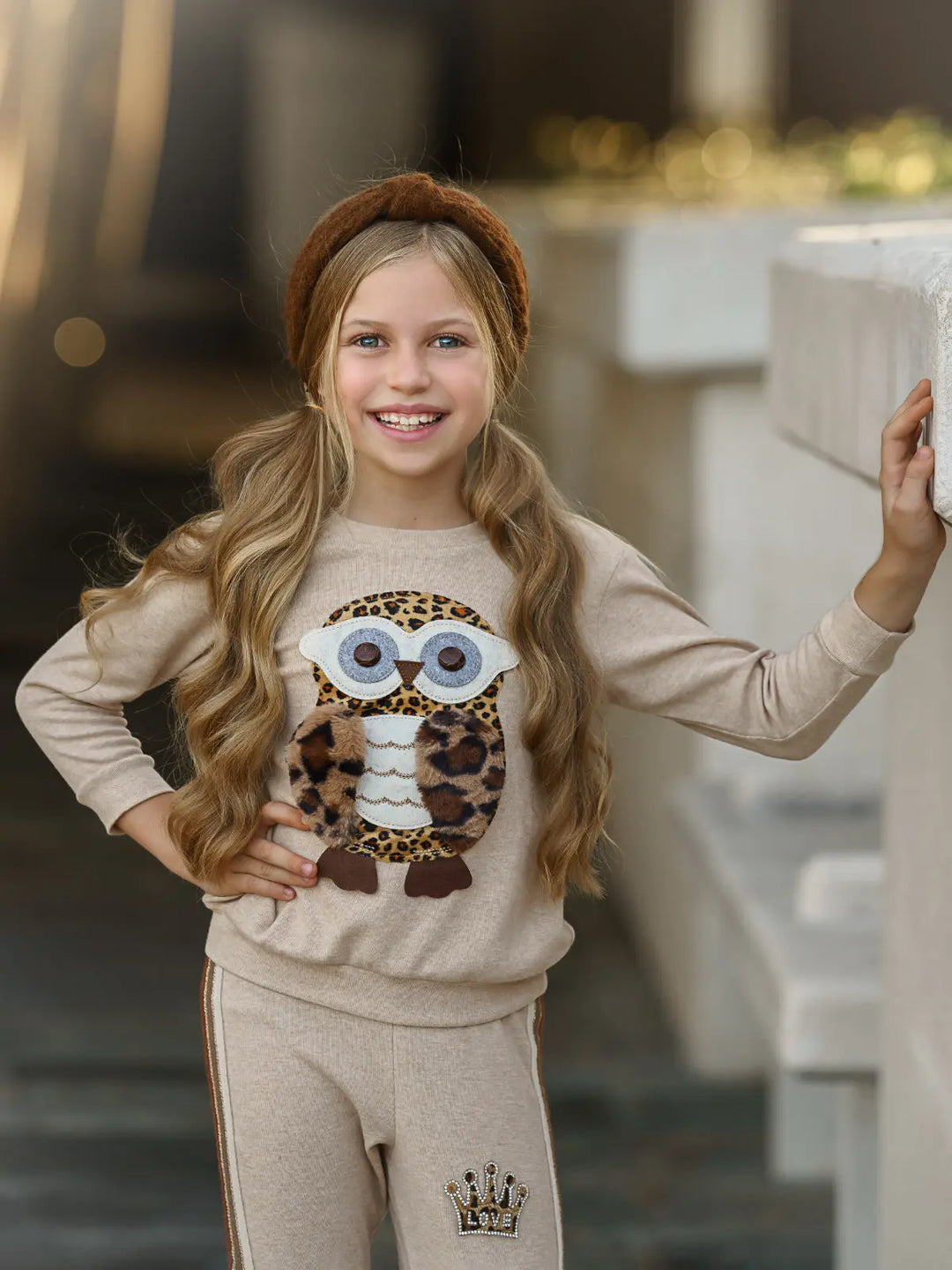 Toddlers Jogger Sets | Plush Owl Applique Sweatshirt and Jogger Set