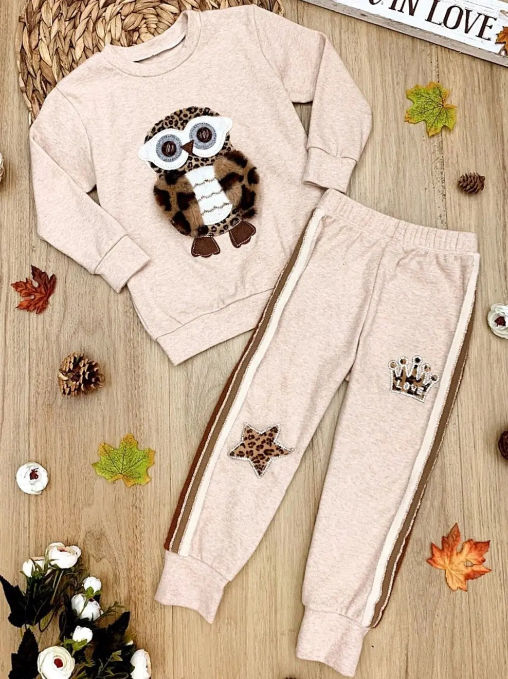 Toddlers Jogger Sets | Plush Owl Applique Sweatshirt and Jogger Set