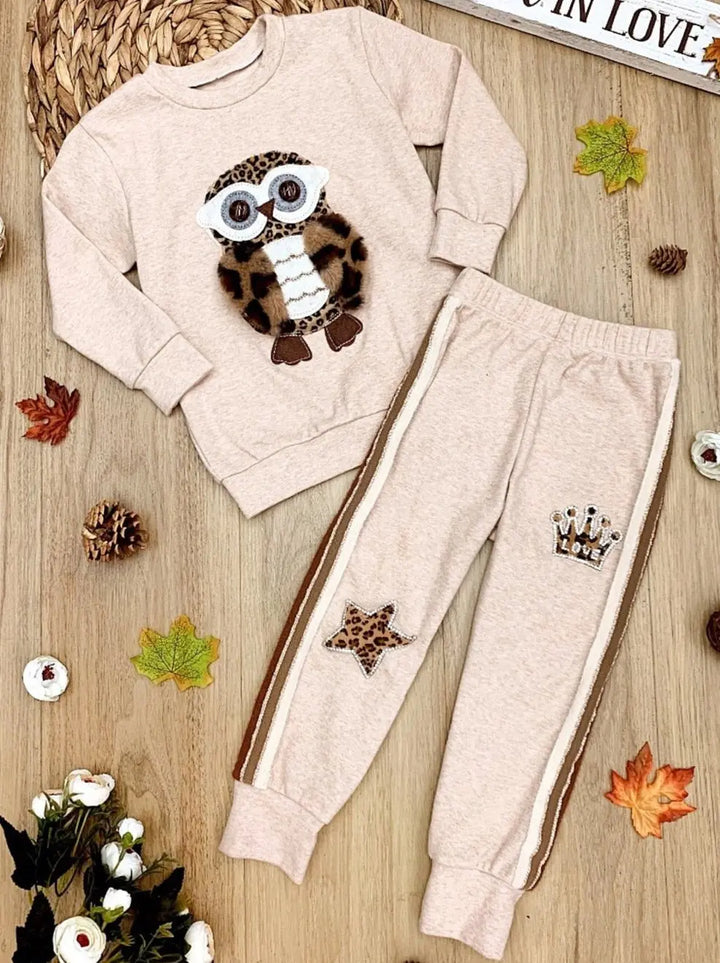 Toddlers Jogger Sets | Plush Owl Applique Sweatshirt and Jogger Set