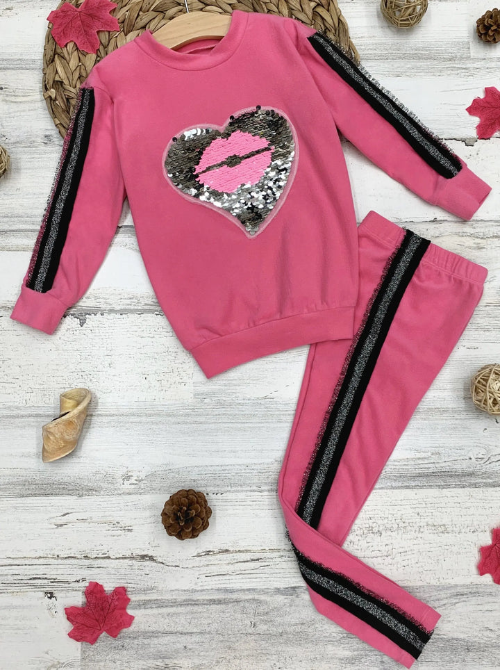 Girls Sequin Heart Lips Applique Sweatshirt and Jogger Set Mia Belle Girls