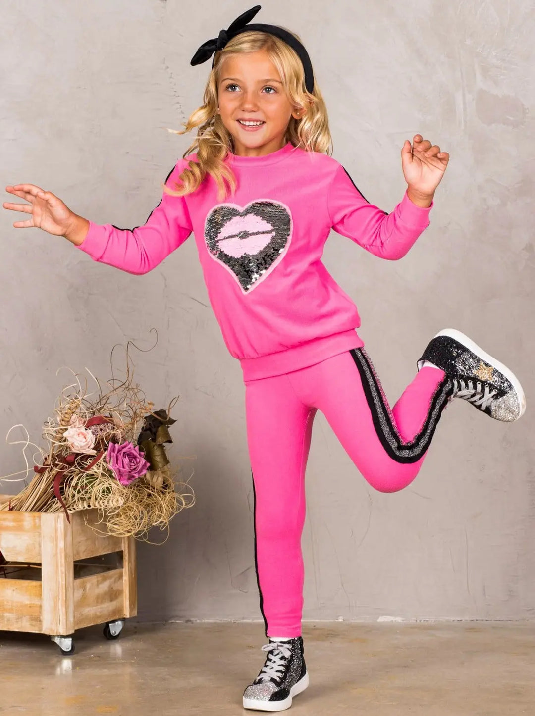 Girls Sequin Heart Lips Applique Sweatshirt and Jogger Set Mia Belle Girls