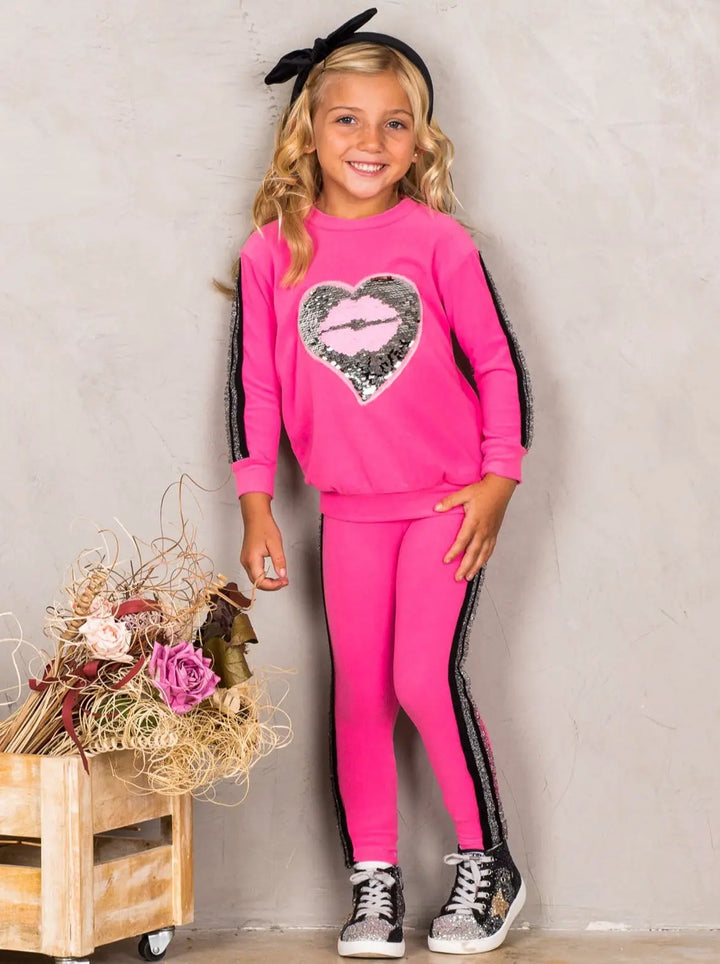 Girls Sequin Heart Lips Applique Sweatshirt and Jogger Set Mia Belle Girls