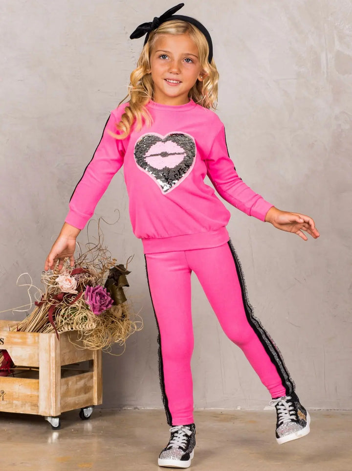 Girls Sequin Heart Lips Applique Sweatshirt and Jogger Set Mia Belle Girls