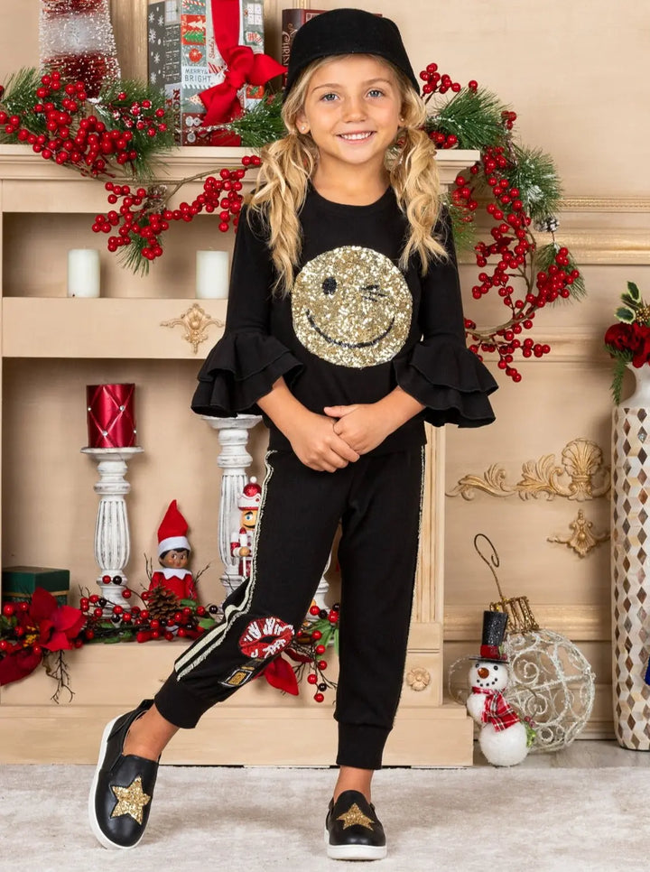 Girls gold Sequin Winky Face Ruffle Sleeve black Pullover Sweatshirt and Jogger Set
