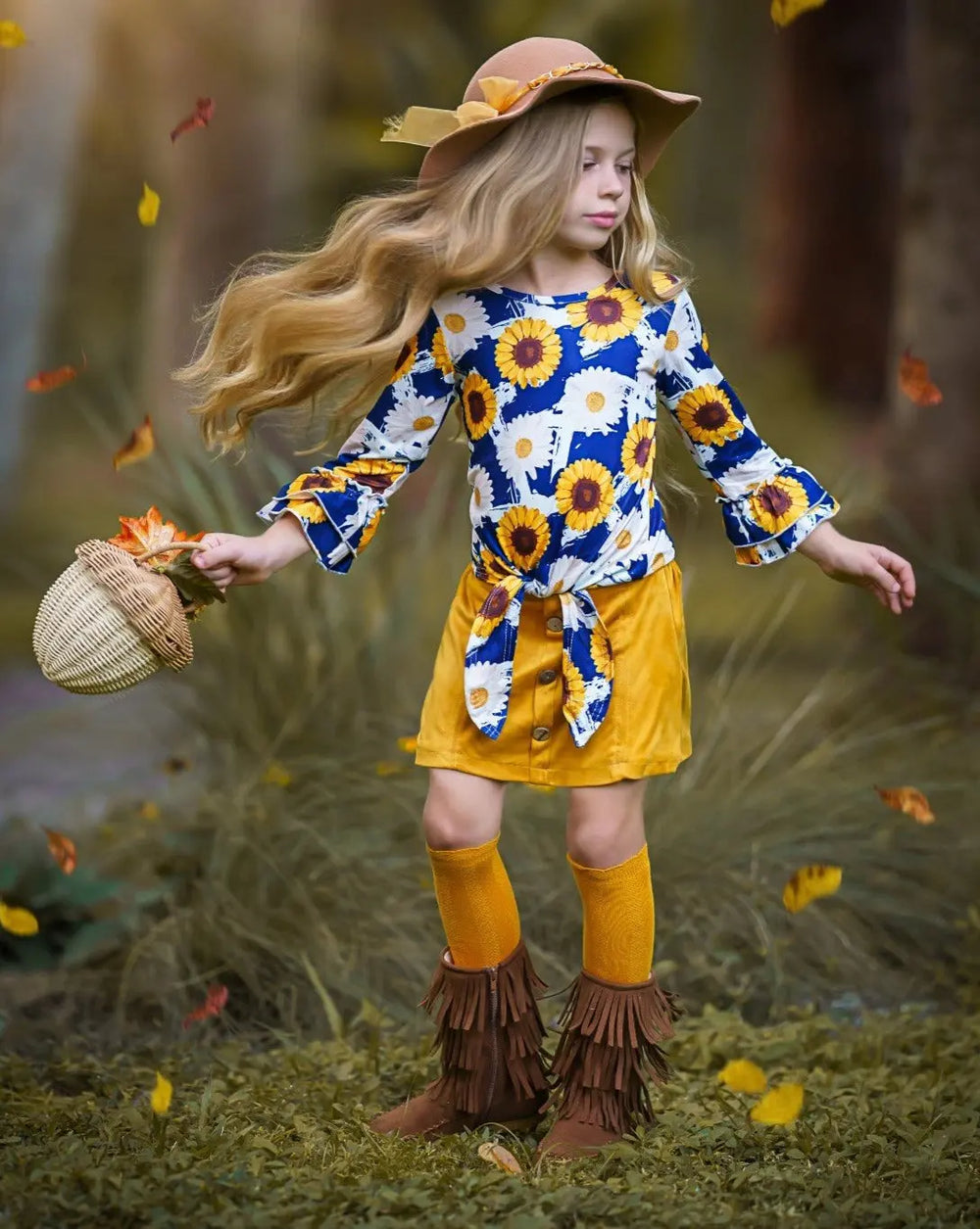 Girls Fall Set | Sunflower Knot Hem Top & Skirt Set | Girls Boutique